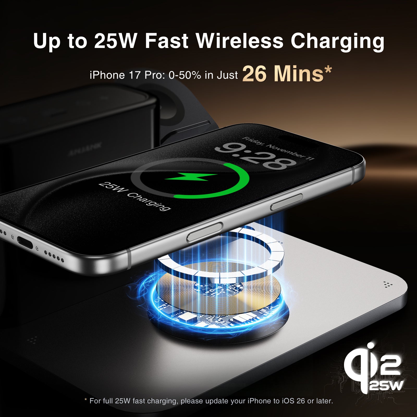 ANJANK 5-in-1 Qi2 25W Magnetic Wireless Charging Station with Alarm Clock & 7 Color Night Light