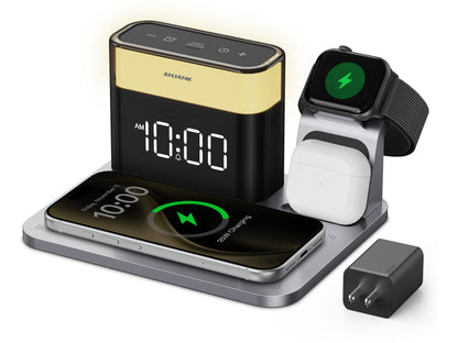Qi2.2 25W Maximum Power Wireless Charging Station, suitable for the 5-in-1 multi-charger stand of the Apple series with alarm clock, 7-night light, applicable to iPhone 17, 16, 15, 14, 13, 12 Pro Max Plus, Apple Watch 11/10/9/8