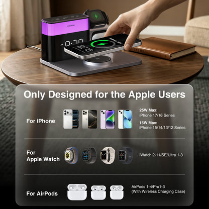ANJANK 5-in-1 Qi2 25W Magnetic Wireless Charging Station with Alarm Clock & 7 Color Night Light