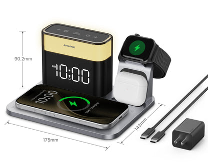 Qi2.2 25W Maximum Power Wireless Charging Station, suitable for the 5-in-1 multi-charger stand of the Apple series with alarm clock, 7-night light, applicable to iPhone 17, 16, 15, 14, 13, 12 Pro Max Plus, Apple Watch 11/10/9/8