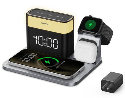 Qi2.2 25W Maximum Power Wireless Charging Station, suitable for the 5-in-1 multi-charger stand of the Apple series with alarm clock, 7-night light, applicable to iPhone 17, 16, 15, 14, 13, 12 Pro Max Plus, Apple Watch 11/10/9/8