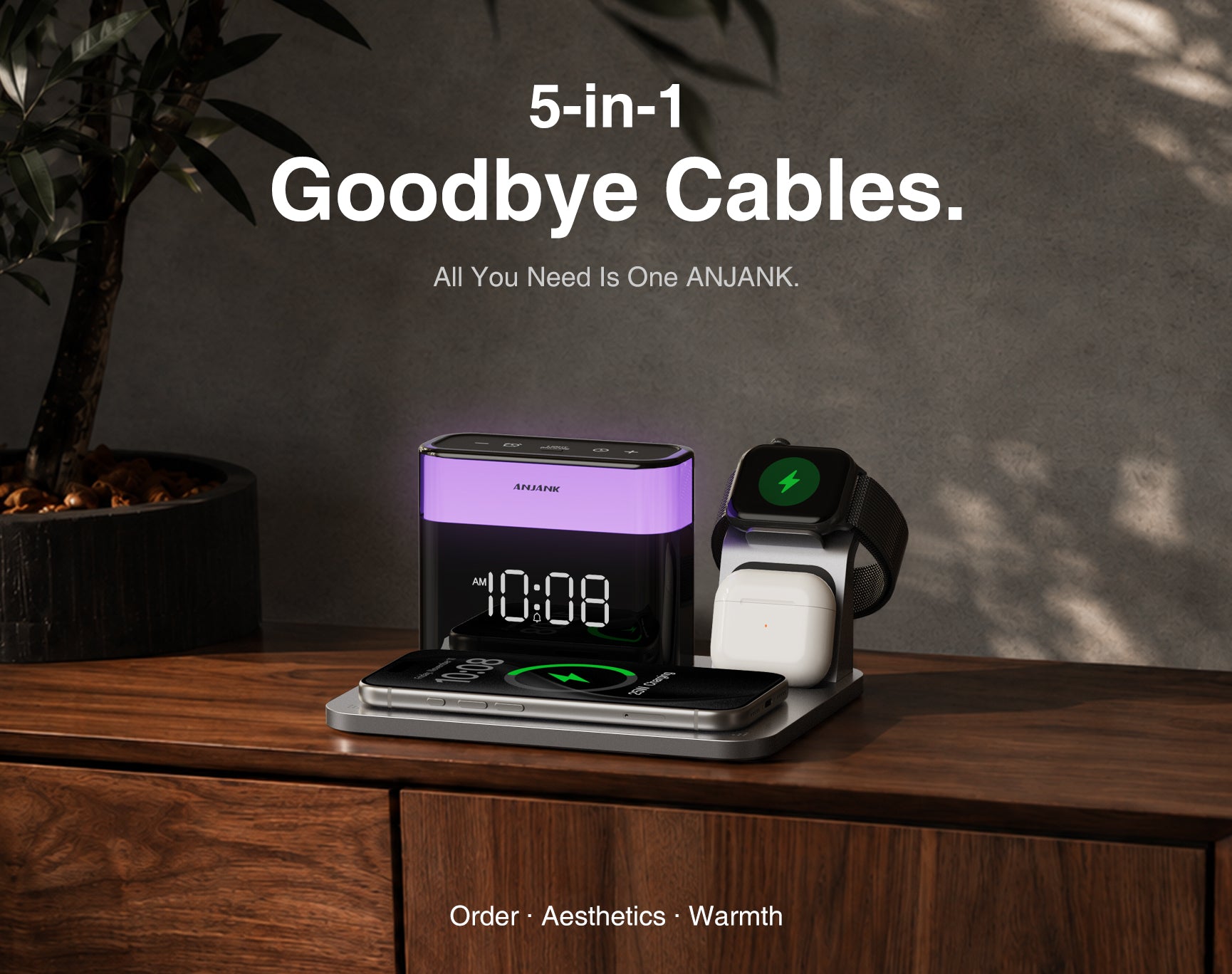 Qi2.2 25W Maximum Power Wireless Charging Station, suitable for the 5-in-1 multi-charger stand of the Apple series with alarm clock, 7-night light, applicable to iPhone 17, 16, 15, 14, 13, 12 Pro Max Plus, Apple Watch 11/10/9/8