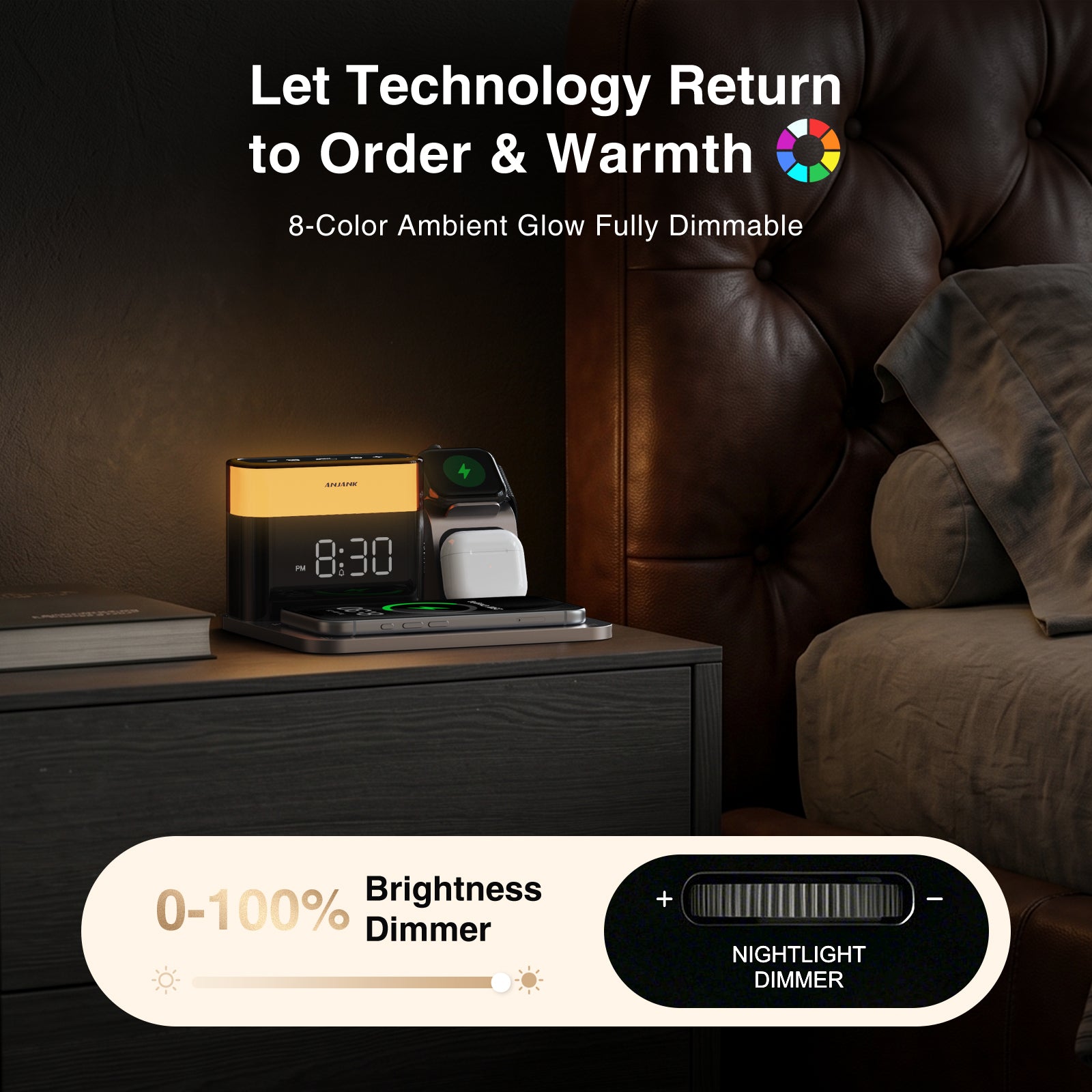 ANJANK 5-in-1 Qi2 25W Magnetic Wireless Charging Station with Alarm Clock & 7 Color Night Light