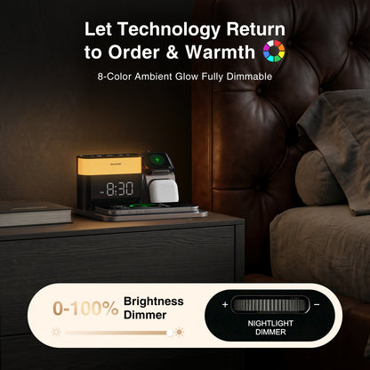 ANJANK 5-in-1 Qi2 25W Magnetic Wireless Charging Station with Alarm Clock & 7 Color Night Light