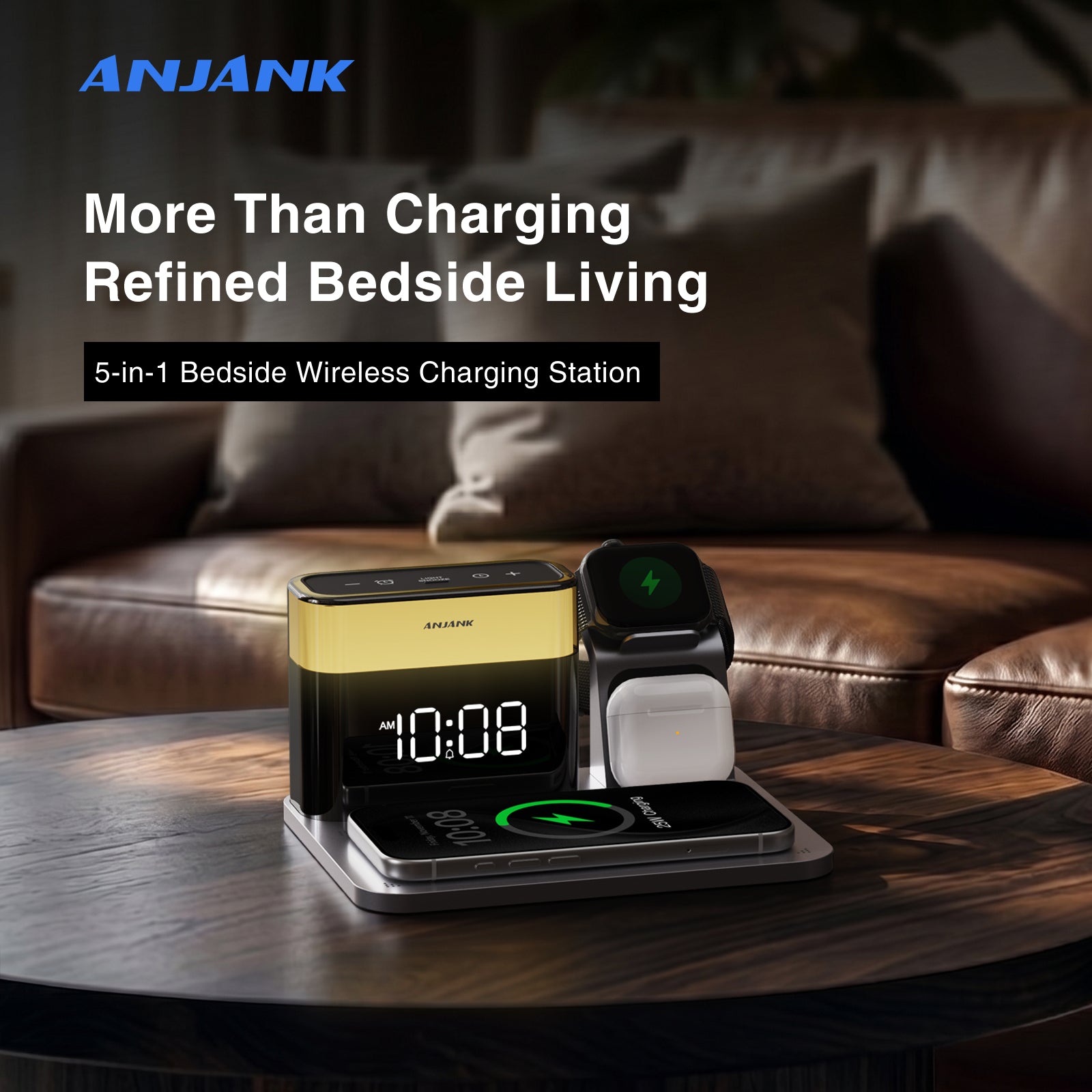ANJANK 5-in-1 Qi2 25W Magnetic Wireless Charging Station with Alarm Clock & 7 Color Night Light