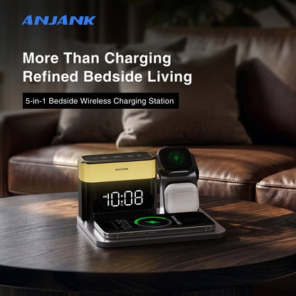 ANJANK 5-in-1 Qi2 25W Magnetic Wireless Charging Station with Alarm Clock & 7 Color Night Light